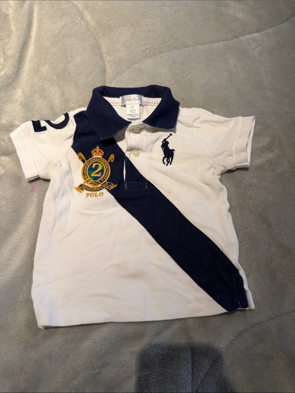 Ralph Lauren White Polo with Navy Diagonal Stripe & Embroidered Crest
